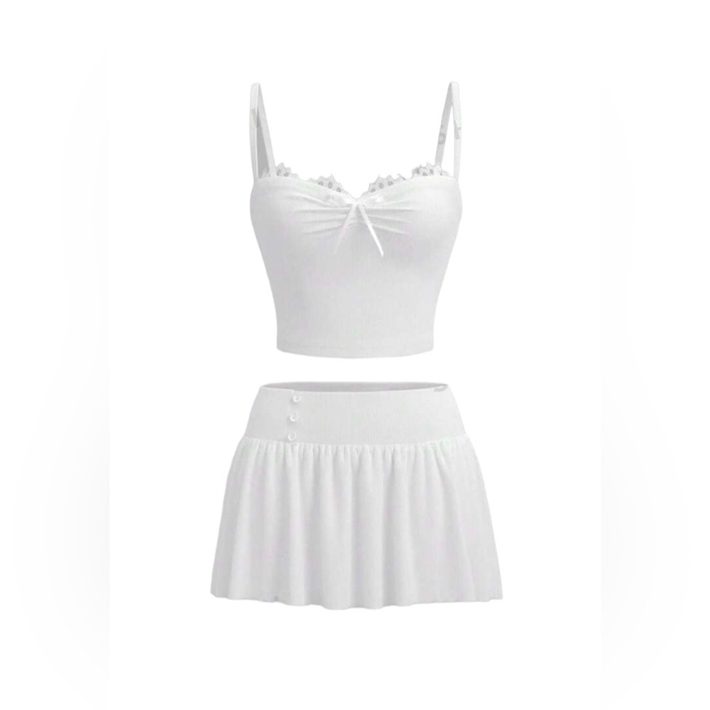 ICON Camisole Solid Color Lace Tank Top With Bow-Knot Decoration & Skirt Set